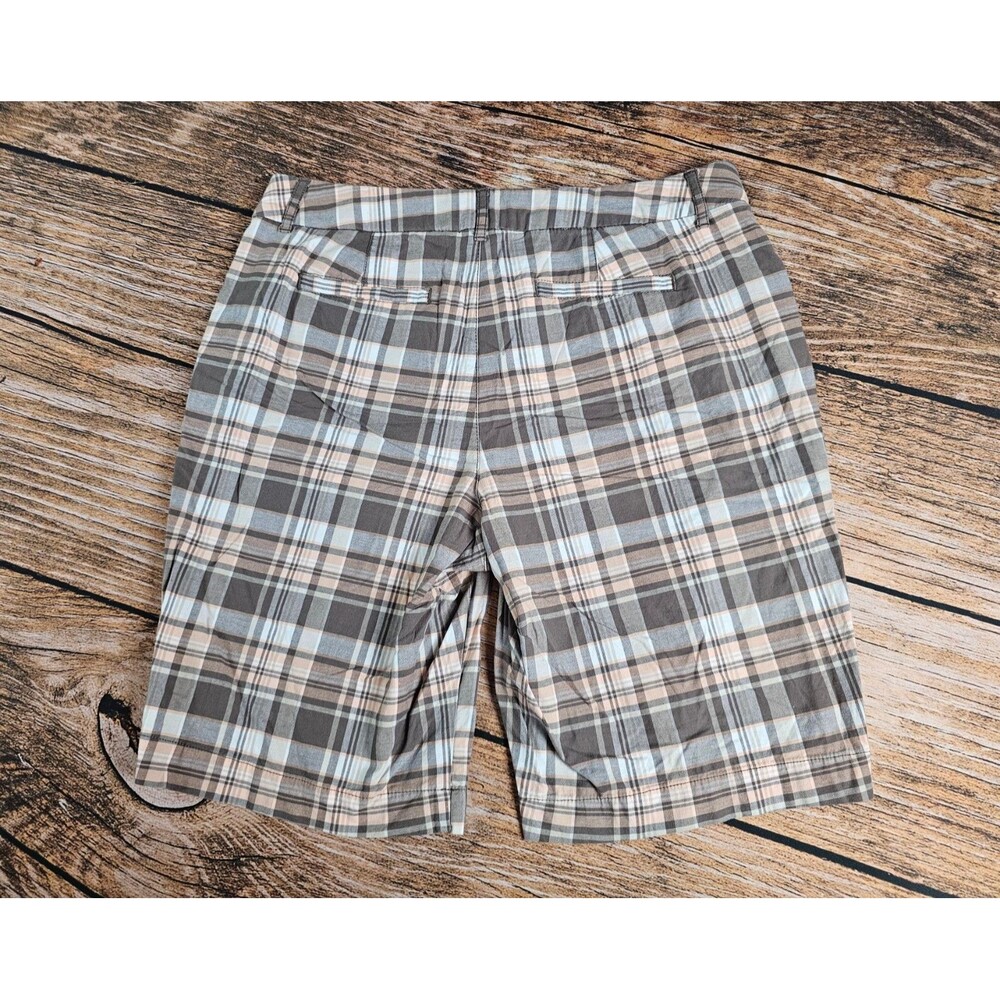 St. John's Bay Bermuda Shorts Women's 12 Gray Tan Teal Plaid Stretch Cotton EUC - Picture 2 of 8
